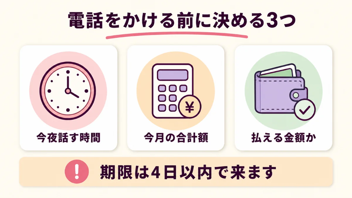 後払いで電話をかける前に今夜話す時間と今月の合計額、払える金額かを決めておく