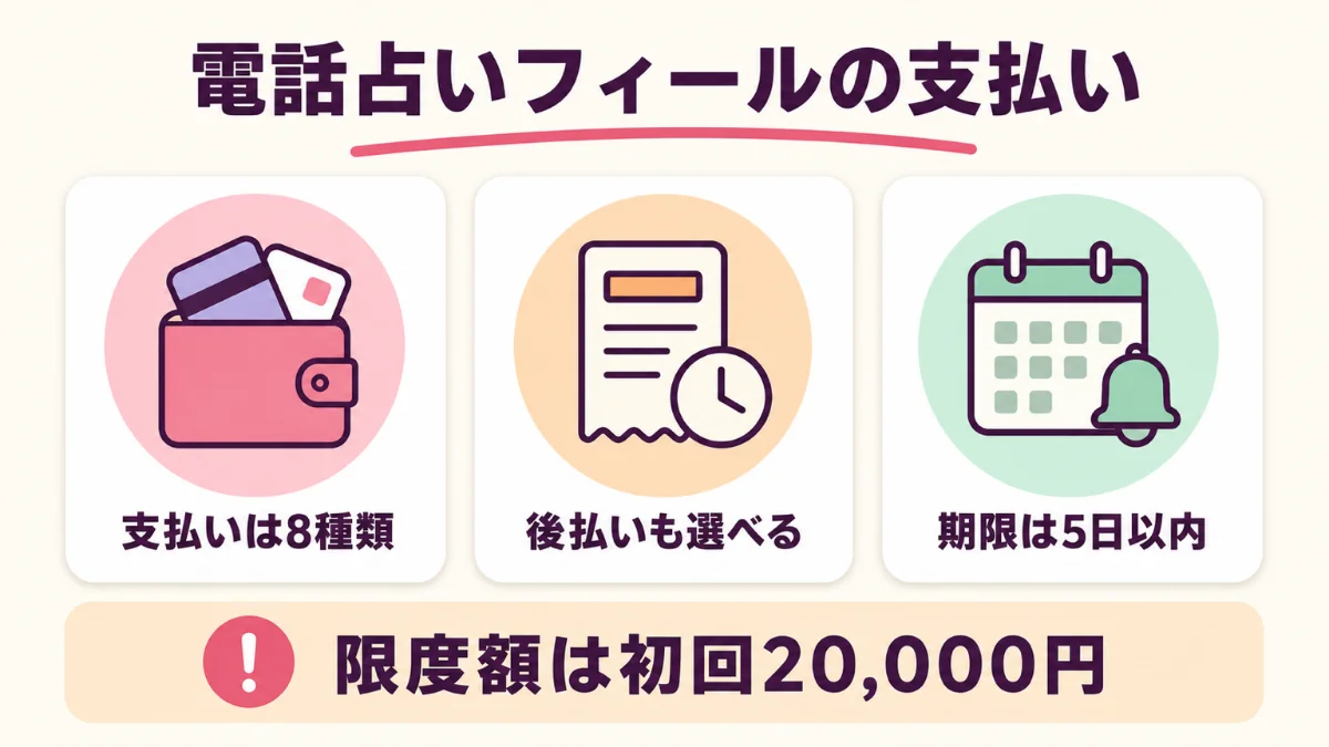 電話占いフィールの支払いは8種類で後払いも選べ期限は利用日を含めて5日以内