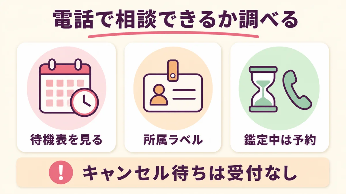 対面の先生に電話占いで入れるかを待機表と所属ラベルで調べる手順